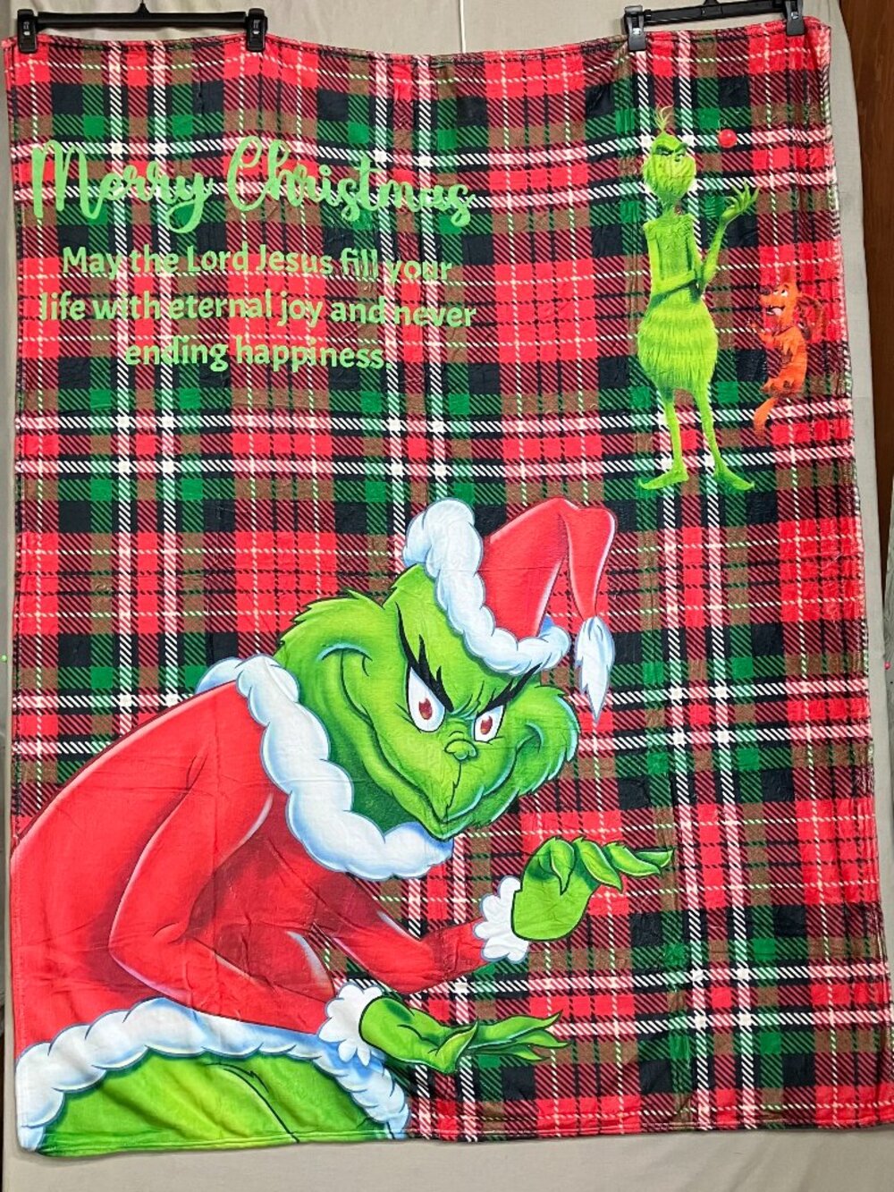 Grinch Throw Blanket Merry Christmas Decor 60"x47" Green Red Plaid Soft Fleece
